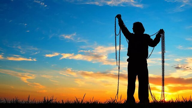 Silhouette of person holding chains at sunset