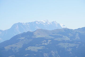 Fototapeta premium Panoramic Mountain View in Salzburg Region Austria on Clear Summer Day with Copy Space