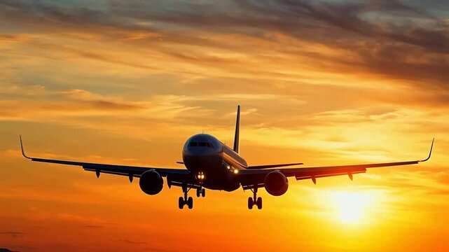 Airplane flying at sunset