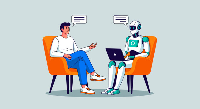 A man and a robot sit in orange armchairs, conversing with speech bubbles above their heads, the robot holding a laptop.