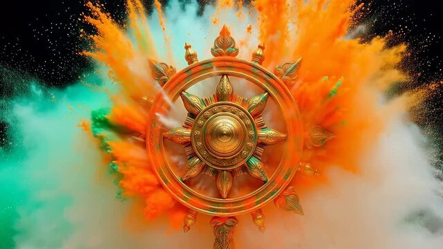 Golden wheel with colorful powder explosion