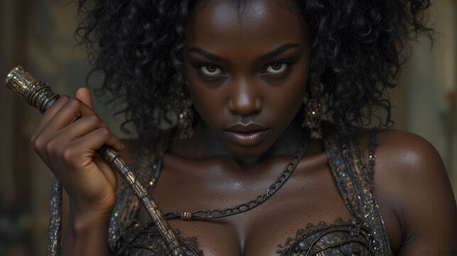 Cropped shot of african beautiful sexy domineering woman holding whip in her hands