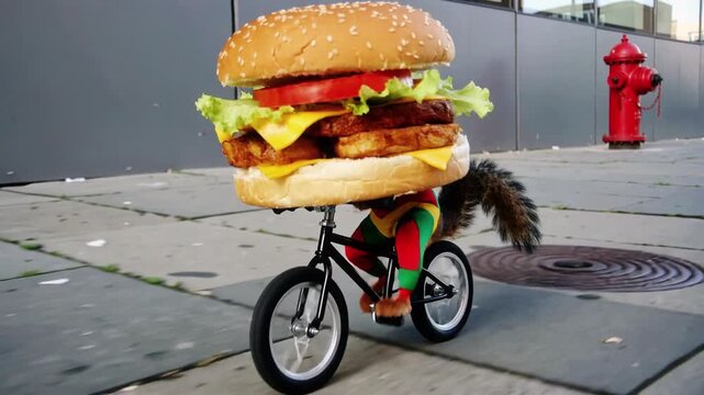 Funny Squirrel Riding Bicycle Carrying Giant Cheeseburger in City