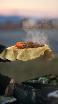 Slow Motion Rice and Beans Added to Burrito &ndash; Vertical Food Video