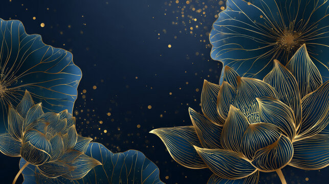 Luxury gold wallpaper.  Black and golden background. lotus wall art design with dark blue and green color, shiny golden light texture. Modern art mural wallpaper. Vector illustration.