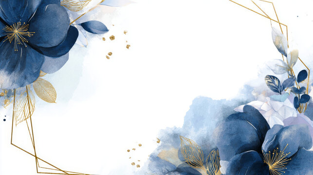 Blue and navy indigo floral and gold watercolor wedding invitation vector set. Luxury background and template layout design for invite card, luxury invitation card and cover template.