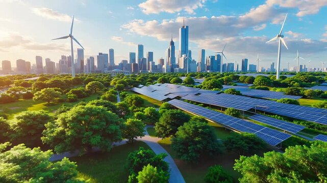 Cityscape with solar panels and wind turbines