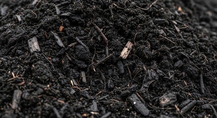 close-up of nutrient-rich black soil with organic matter and small twigs in a garden setting