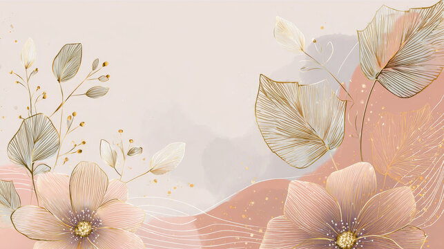 Abstract art background vector. Luxury invitation card background with golden line art flower and botanical leaves, Organic shapes, Watercolor. Vector invite design for wedding and vip cover template.