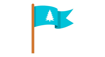 A teal flag with a white tree emblem waving on a wooden pole, outdoors, from a straight-on view.