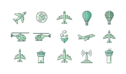 Green and White Flat Design Icons for Aviation and Transportation airplane helicopter © Click Studio