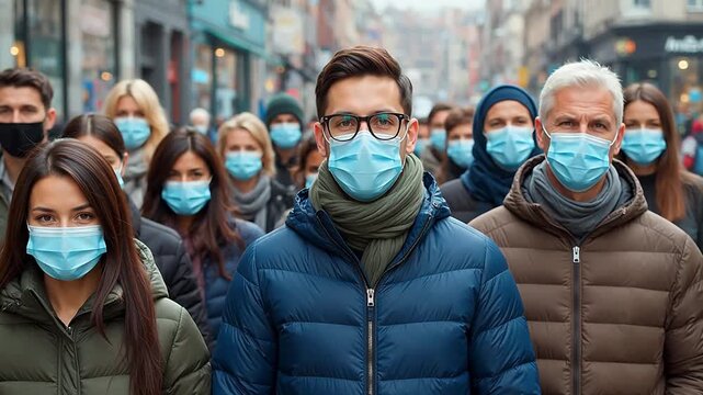 Crowd wearing face masks on city street
