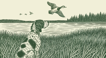 A dog stands in tall grass by a serene lake watching a flying bird from a distance in a peaceful landscape © Steven