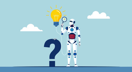Robot stands with lightbulb idea and question mark against a serene blue sky with white clouds © Steven