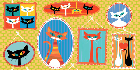 A handmade drawing seamless pattern with doodle comical funny cats and kitties various colors and breeds with frames in 1960s retro style. For create childish wallpaper, packaging, fashion etc. © alaver