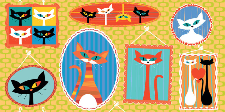 A handmade drawing seamless pattern with doodle comical funny cats and kitties various colors and breeds with frames in 1960s retro style. For create childish wallpaper, packaging, fashion etc.