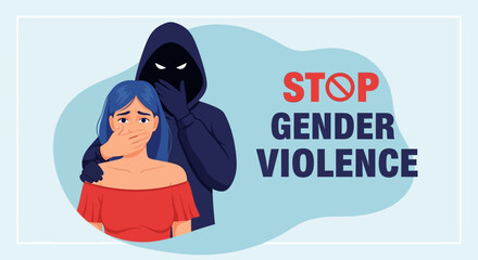 A woman stands beside a masked figure, highlighting the critical issue of gender violence and the need for awareness. © Steven