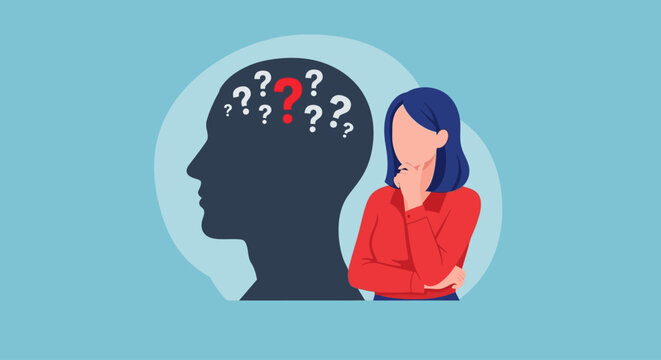 A woman ponders with a silhouette of a head full of question marks beside her in a thoughtful pose
