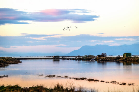 Sunset or sunrise on National park of Evros Delta, near Alexandroupolis and Turkish border, Dadia forest and protected wetland, bird migratory season