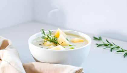 Vegan Finnish lohikeitto soup in white bowl with dill