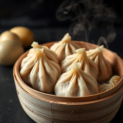 Vegan Tibetan shogo momo dumplings on steamer