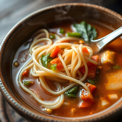 Vegan Tibetan thenthuk hand-pulled noodle soup close-up