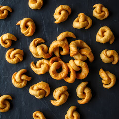 Vegan Tibetan khapse fried cookies arranged on dark slate