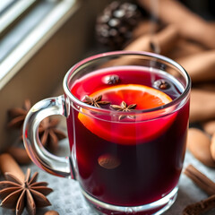 Vegan Swedish gl&ouml;gg mulled wine with spices in glass mug