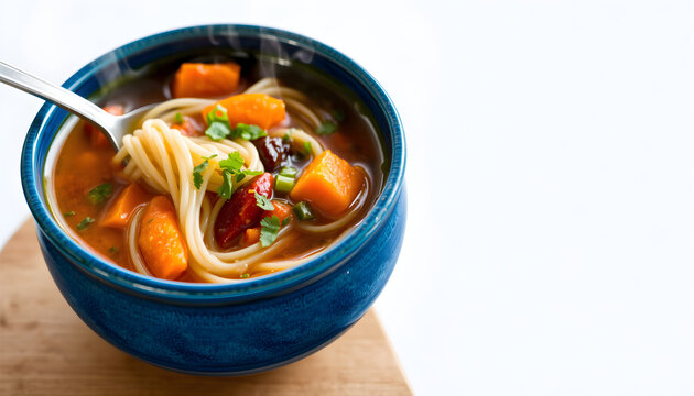 Vegan Uzbek lagman noodle soup in deep ceramic bowl