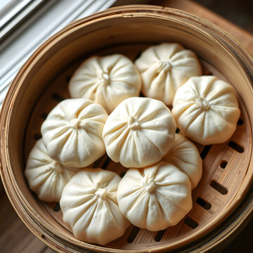 Vegan Tibetan tingmo steamed bread on bamboo basket