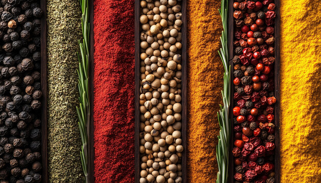 Many different spices as background, top view