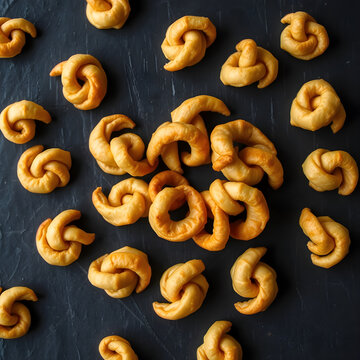 Vegan Tibetan khapse fried cookies arranged on dark slate