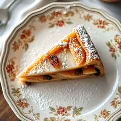 Vegan Austrian apfelstrudel slice on vintage plate