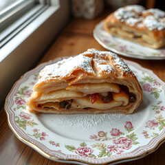 Vegan Austrian apfelstrudel slice on vintage plate