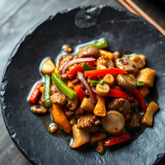 Vegan Tibetan shapta stir-fry on black stone plate