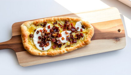 Vegan Alsatian flammekueche on wooden paddle