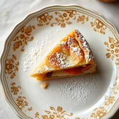 Vegan Austrian apfelstrudel slice on vintage plate