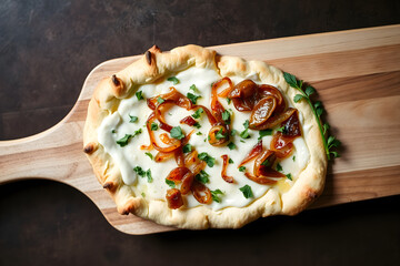 Vegan Alsatian tarte flamb&eacute;e on wooden paddle