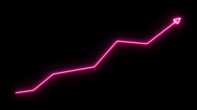Glowing neon line animation forming an upward zig-zag trend on a black background, representing a rising graph, data trend, financial growth, or business success