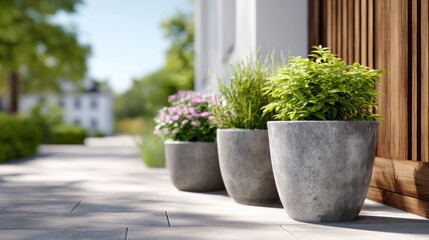 Fototapeta premium Potted plants with vibrant greenery and flowers arranged on a stone pathway leading to a wooden door in a residential outdoor setting during springtime