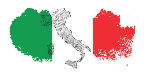Hand-drawn Sketch of Italy Map with Italian Flag Colors