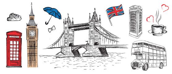 Iconic London Landmarks and Symbols Hand-Drawn Collection