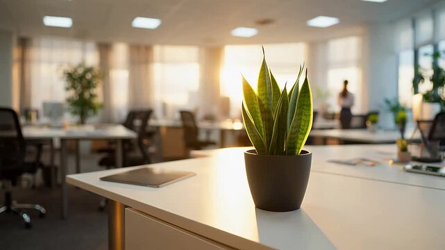 Office desk with potted plant