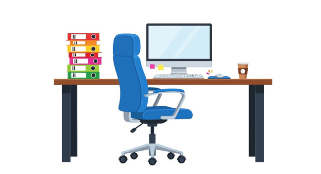A modern office desk setup with a blue chair, computer, and colorful books from a front viewpoint