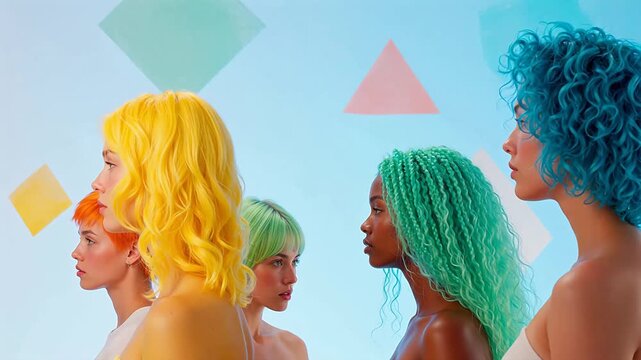 Five women with colorful hair against geometric shapes