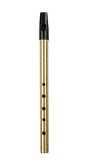 Brass tin whistle with black mouthpiece isolated. Traditional musical instrument.