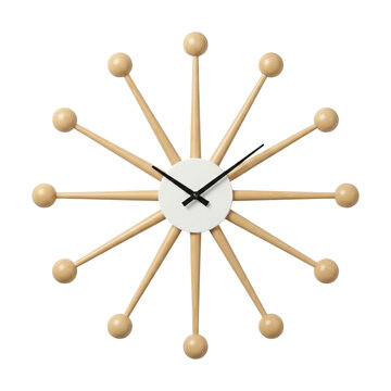Wooden sunburst wall clock isolated. Mid-century modern home decor.