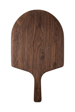 Dark walnut pizza peel top view isolated. Wooden serving board.