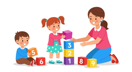 Obraz premium Children and teacher engaging in block play activity together in a playful learning environment viewed from the side