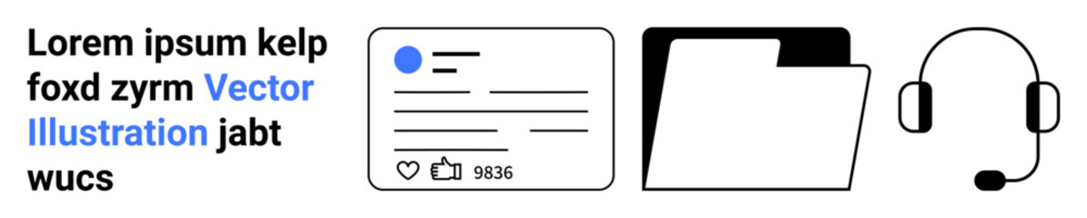 Social media, document storage, customer service, communication tools, digital records, online interaction. Icons a profile card, folder and headset. Social media and document storage